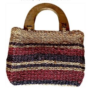 Tommy Hilfiger Straw Handbag Tote ‘Picnic Basket’ Purse Tan Pink Purple